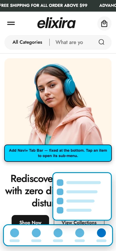 Navi+ Tab Bar on the Elixira Shopify theme Navi+ Tab Bar on the Elixira Shopify theme