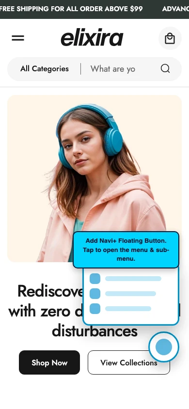 Navi+ FAB on the Elixira Shopify theme Navi+ FAB on the Elixira Shopify theme