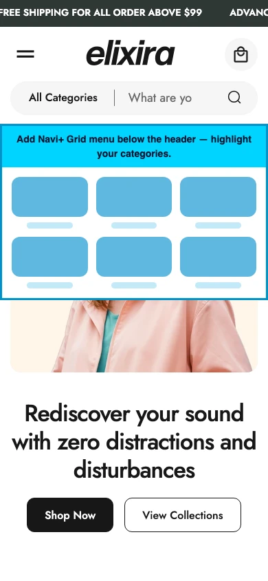 Navi+ Grid Menu on the Elixira Shopify theme Navi+ Grid Menu on the Elixira Shopify theme