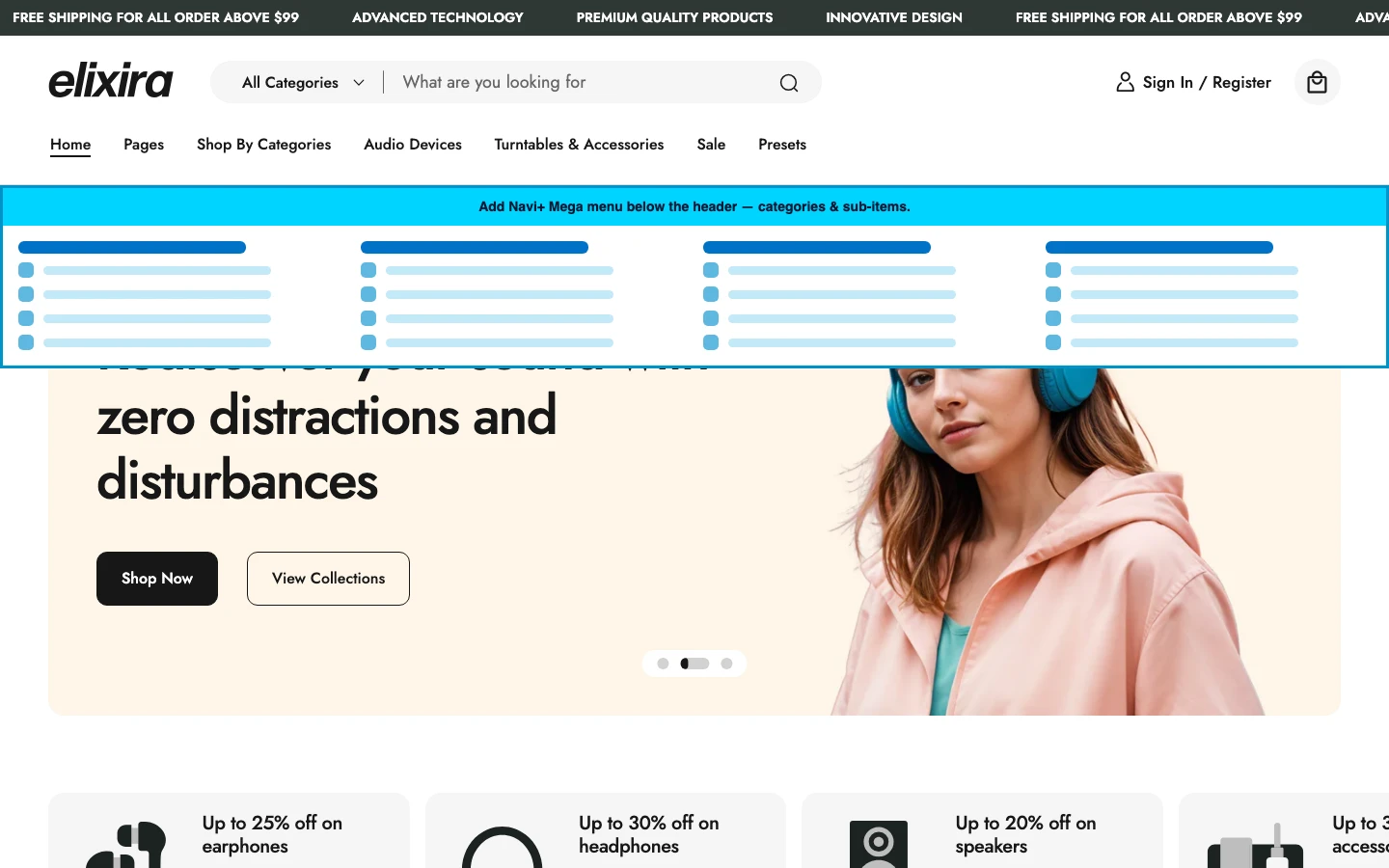 Navi+ Mega Menu inserted below the header on the Elixira Shopify theme Navi+ Mega Menu inserted below the header on the Elixira Shopify theme