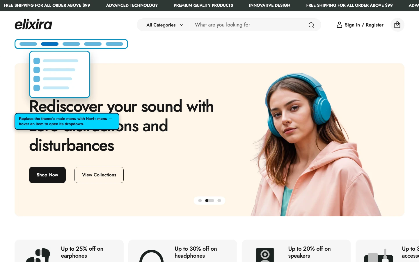 Navi+ Mega Menu replacing the desktop menu on the Elixira Shopify theme Navi+ Mega Menu replacing the desktop menu on the Elixira Shopify theme