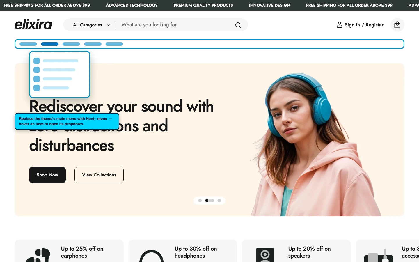 Navi+ Mega Menu replacing the desktop menu on the Elixira Shopify theme Navi+ Mega Menu replacing the desktop menu on the Elixira Shopify theme