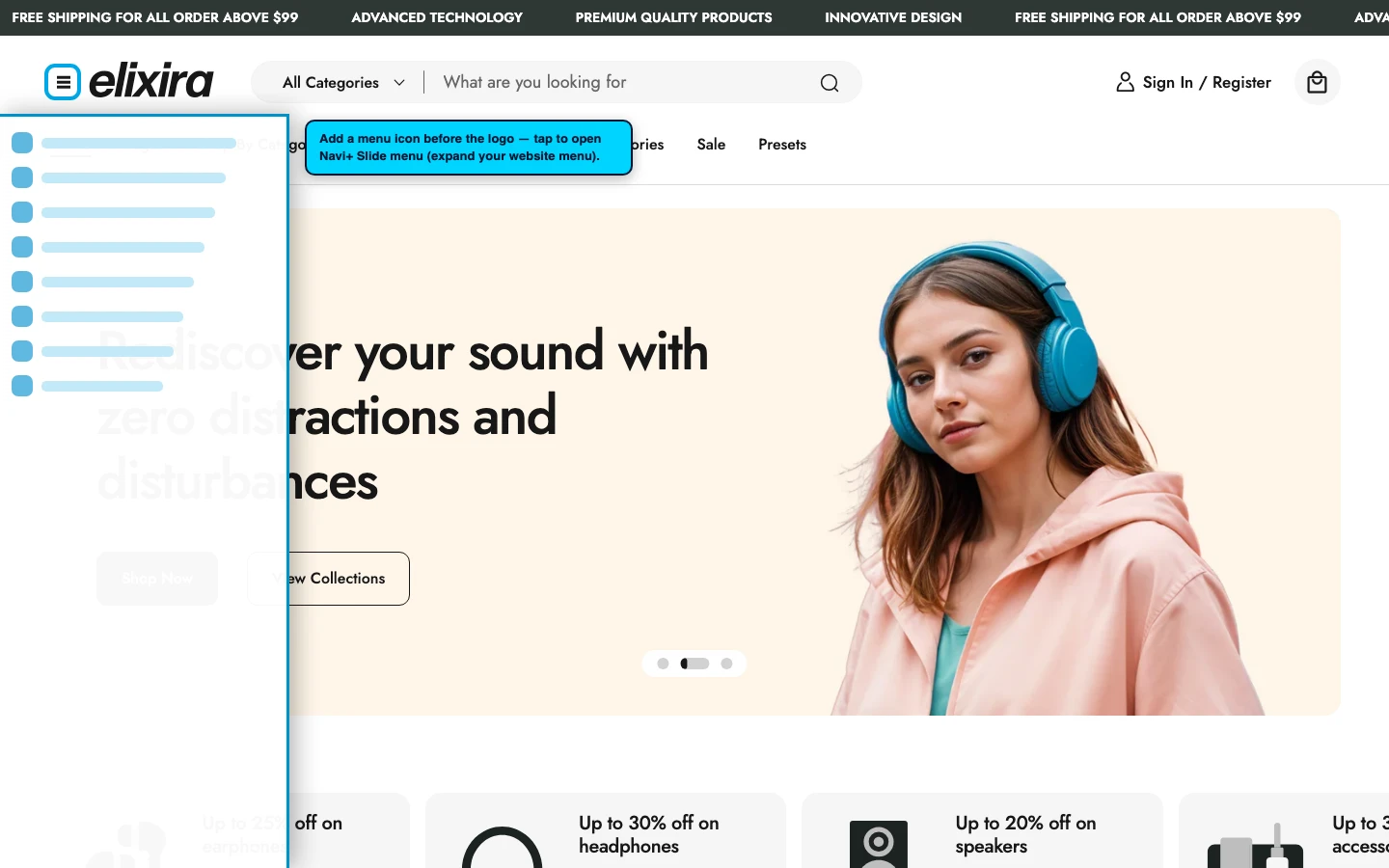 Navi+ trigger icon before the logo on the Elixira Shopify theme Navi+ trigger icon before the logo on the Elixira Shopify theme