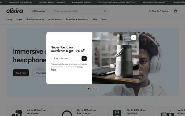 Full-page desktop screenshot of Shopify Elixira theme demo store