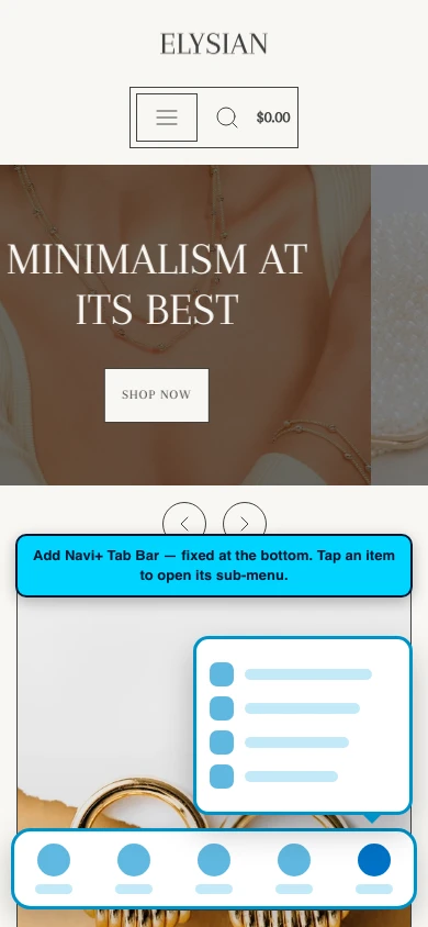 Navi+ Tab Bar on the Elysian Shopify theme Navi+ Tab Bar on the Elysian Shopify theme