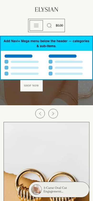 Navi+ mobile Mega Menu on the Elysian Shopify theme Navi+ mobile Mega Menu on the Elysian Shopify theme