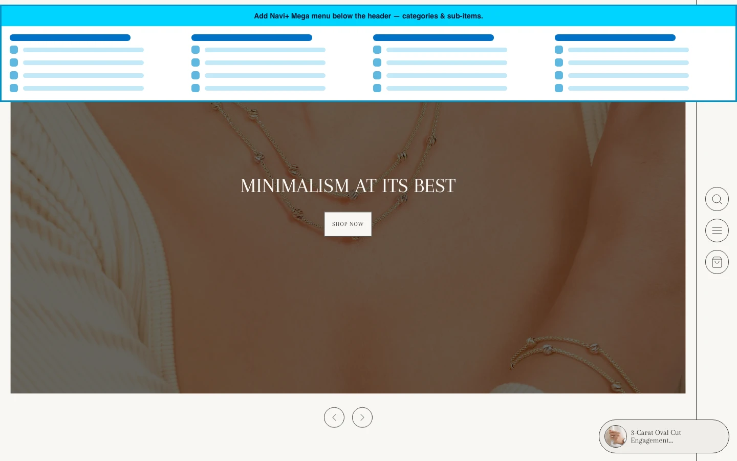 Navi+ Mega Menu inserted below the header on the Elysian Shopify theme Navi+ Mega Menu inserted below the header on the Elysian Shopify theme