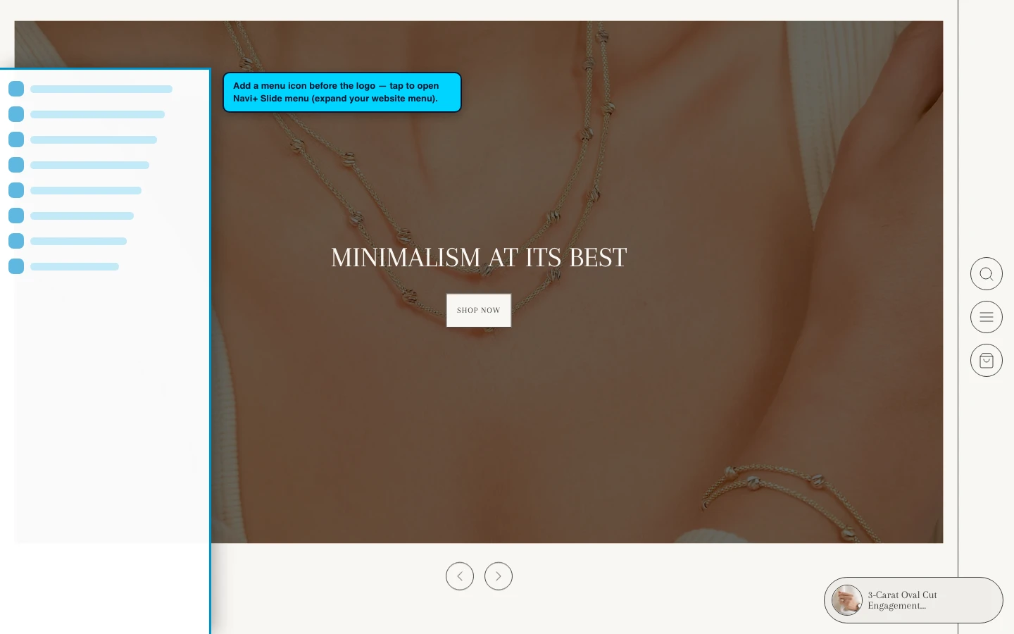 Navi+ trigger icon before the logo on the Elysian Shopify theme Navi+ trigger icon before the logo on the Elysian Shopify theme