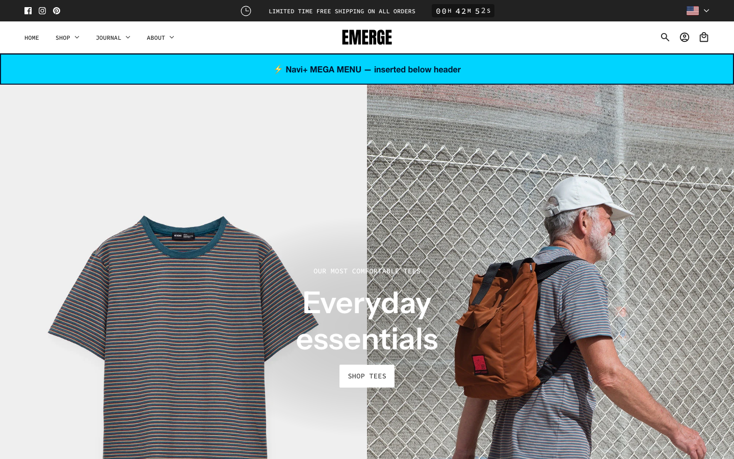 Menu inserted below header — Navi+ on the Emerge Shopify theme Menu inserted below header — Navi+ on the Emerge Shopify theme