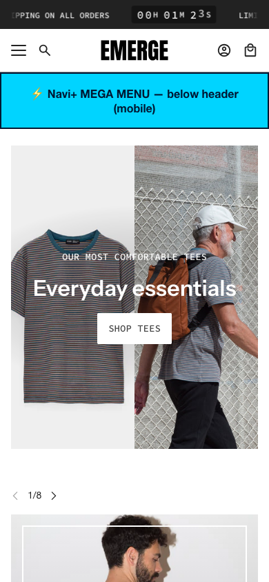 Menu inserted below header — Navi+ on the Emerge Shopify theme Menu inserted below header — Navi+ on the Emerge Shopify theme