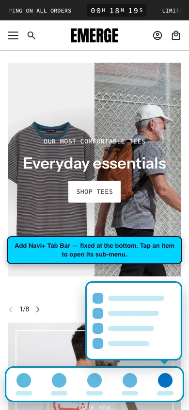 Navi+ Tab Bar on the Emerge Shopify theme Navi+ Tab Bar on the Emerge Shopify theme