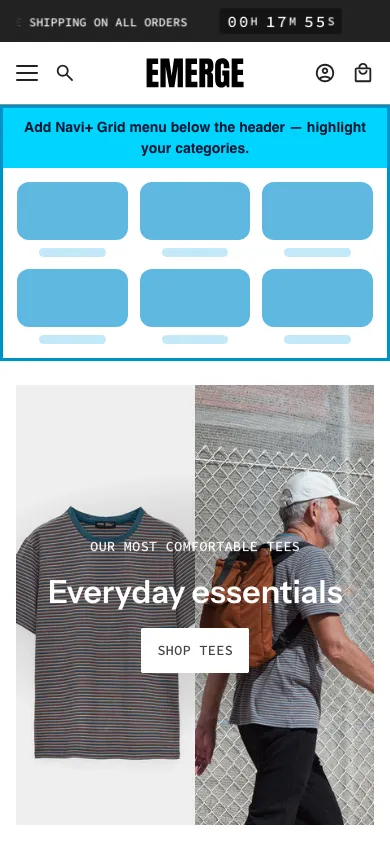 Navi+ Grid Menu on the Emerge Shopify theme Navi+ Grid Menu on the Emerge Shopify theme