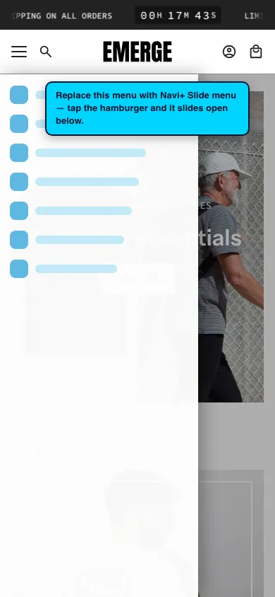 Navi+ Slide Menu on the Emerge Shopify theme Navi+ Slide Menu on the Emerge Shopify theme