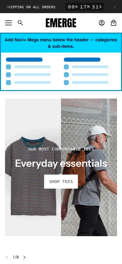 Navi+ mobile Mega Menu on the Emerge Shopify theme Navi+ mobile Mega Menu on the Emerge Shopify theme