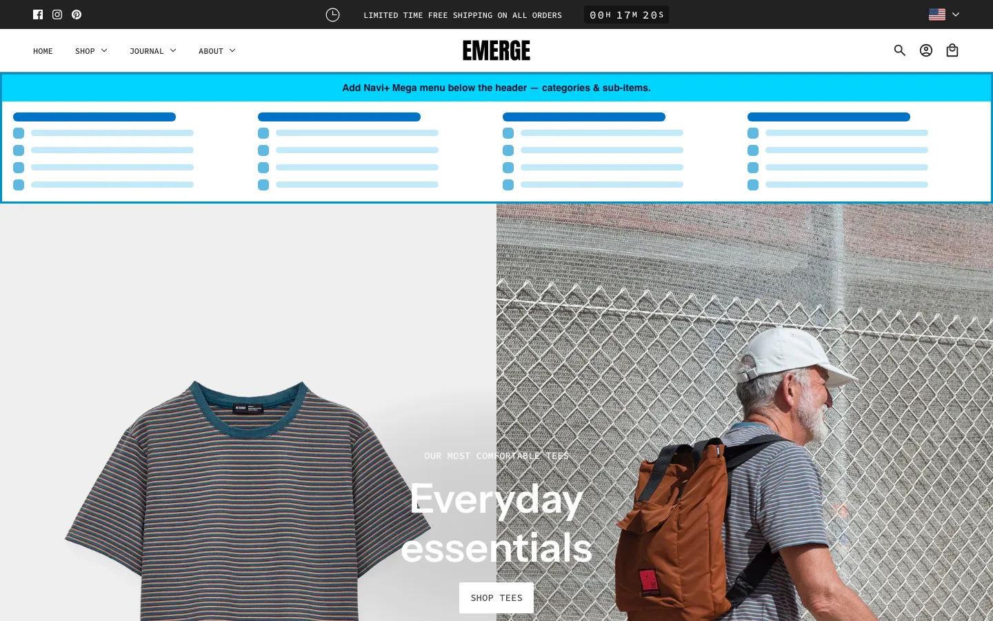 Navi+ Mega Menu inserted below the header on the Emerge Shopify theme Navi+ Mega Menu inserted below the header on the Emerge Shopify theme