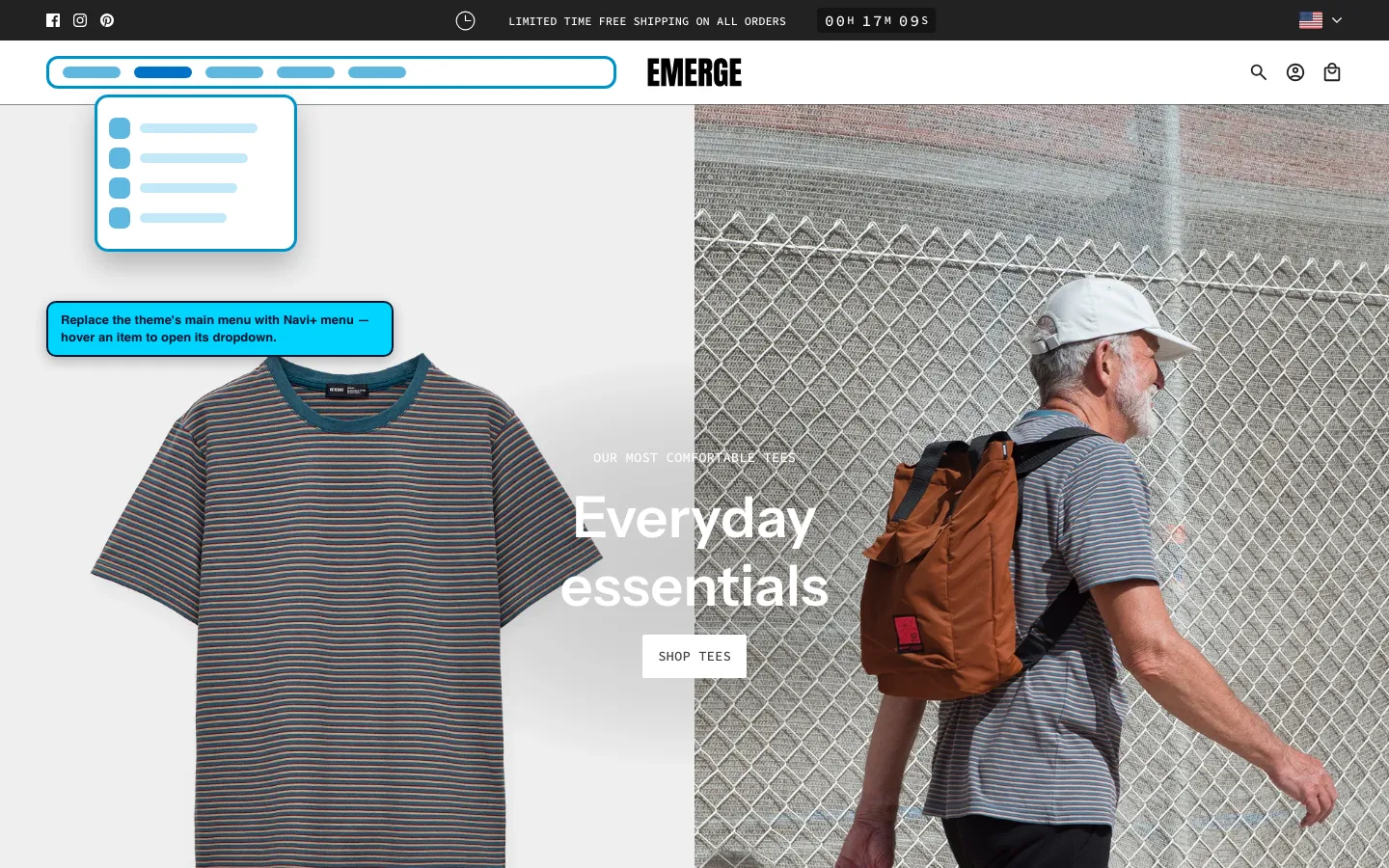 Navi+ Mega Menu replacing the desktop menu on the Emerge Shopify theme Navi+ Mega Menu replacing the desktop menu on the Emerge Shopify theme