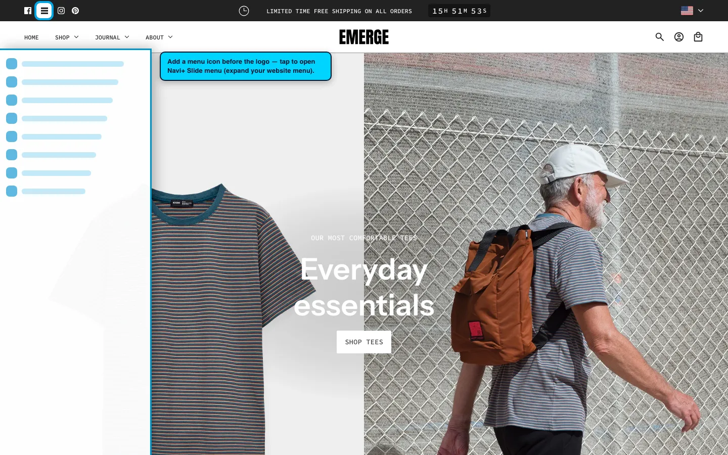 Navi+ trigger icon before the logo on the Emerge Shopify theme Navi+ trigger icon before the logo on the Emerge Shopify theme