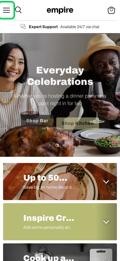 Hamburger → panel opened — Navi+ on the Empire Shopify theme Hamburger → panel opened — Navi+ on the Empire Shopify theme