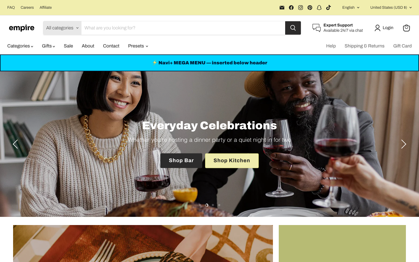 Menu inserted below header — Navi+ on the Empire Shopify theme Menu inserted below header — Navi+ on the Empire Shopify theme
