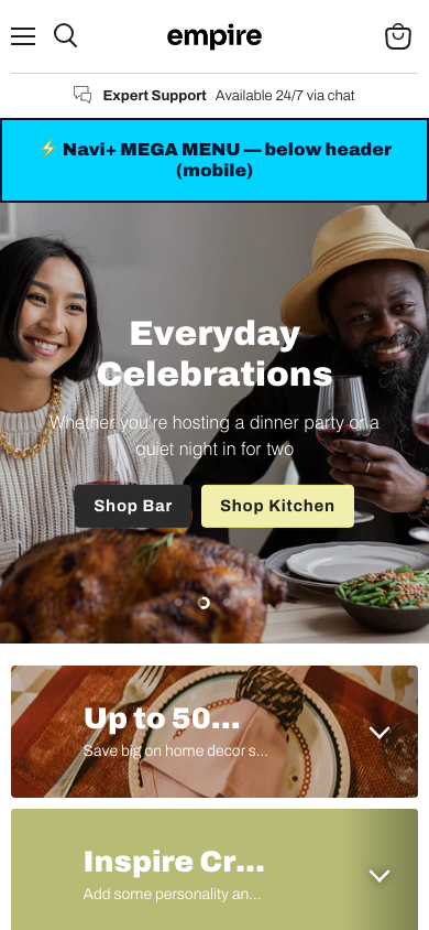 Menu inserted below header — Navi+ on the Empire Shopify theme Menu inserted below header — Navi+ on the Empire Shopify theme