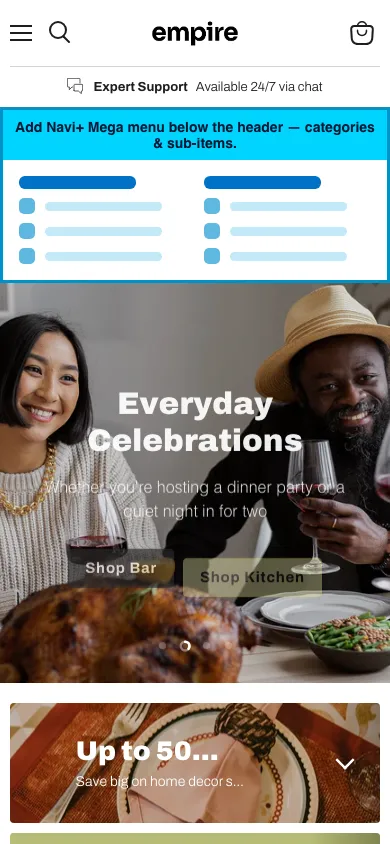 Navi+ mobile Mega Menu on the Empire Shopify theme Navi+ mobile Mega Menu on the Empire Shopify theme