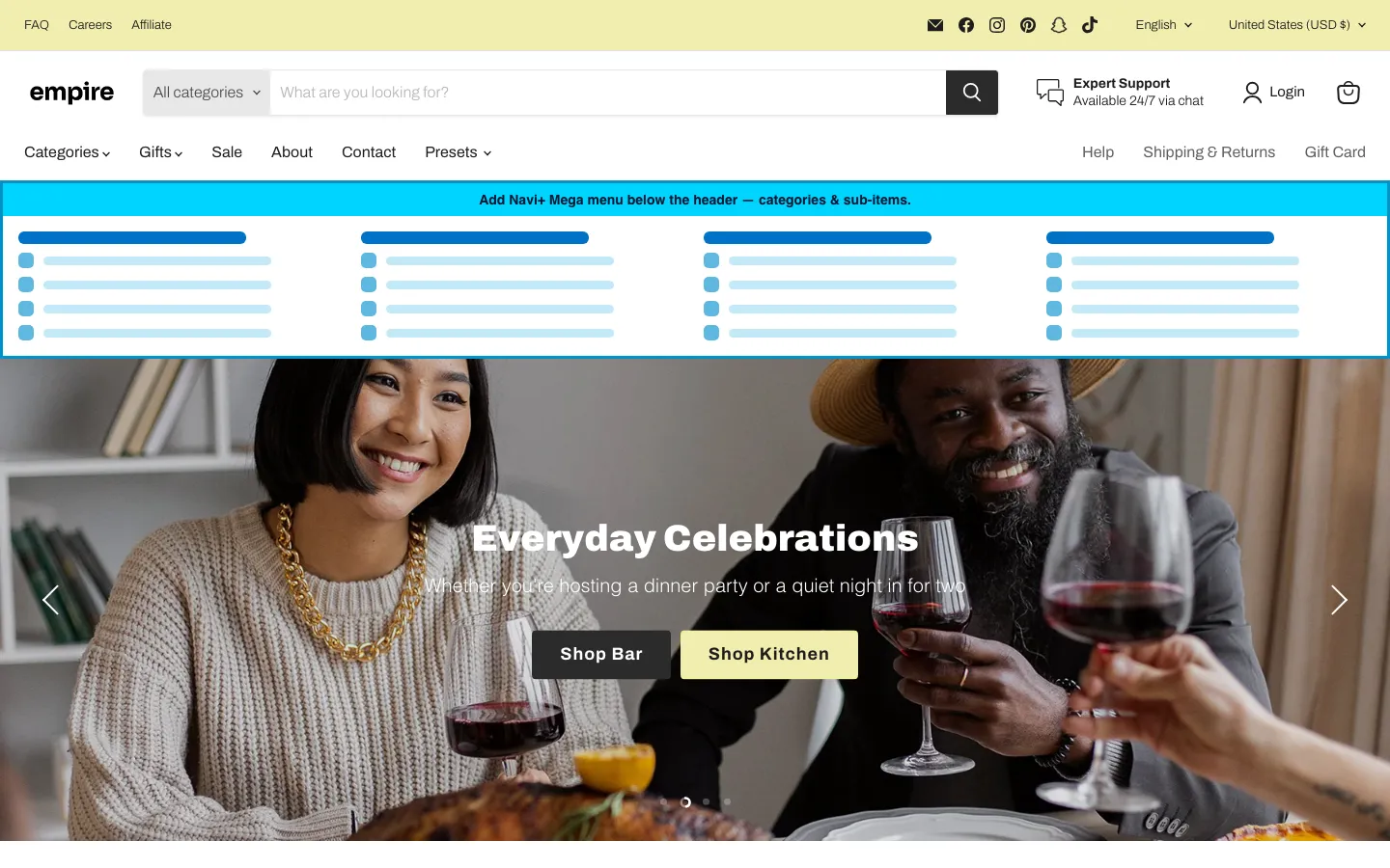 Navi+ Mega Menu inserted below the header on the Empire Shopify theme Navi+ Mega Menu inserted below the header on the Empire Shopify theme
