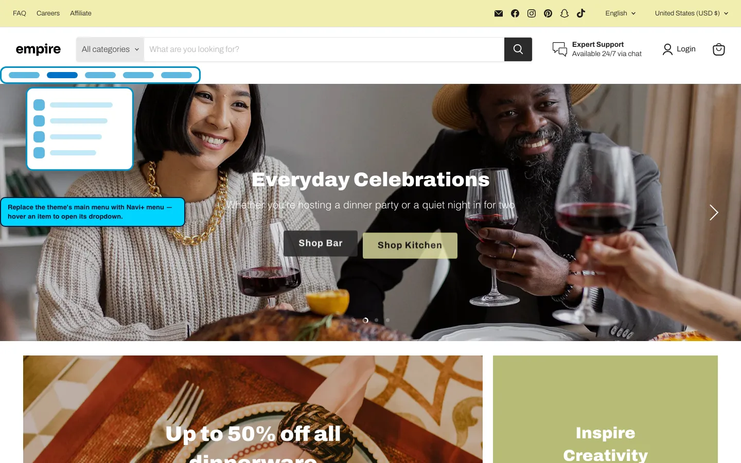 Navi+ Mega Menu replacing the desktop menu on the Empire Shopify theme Navi+ Mega Menu replacing the desktop menu on the Empire Shopify theme