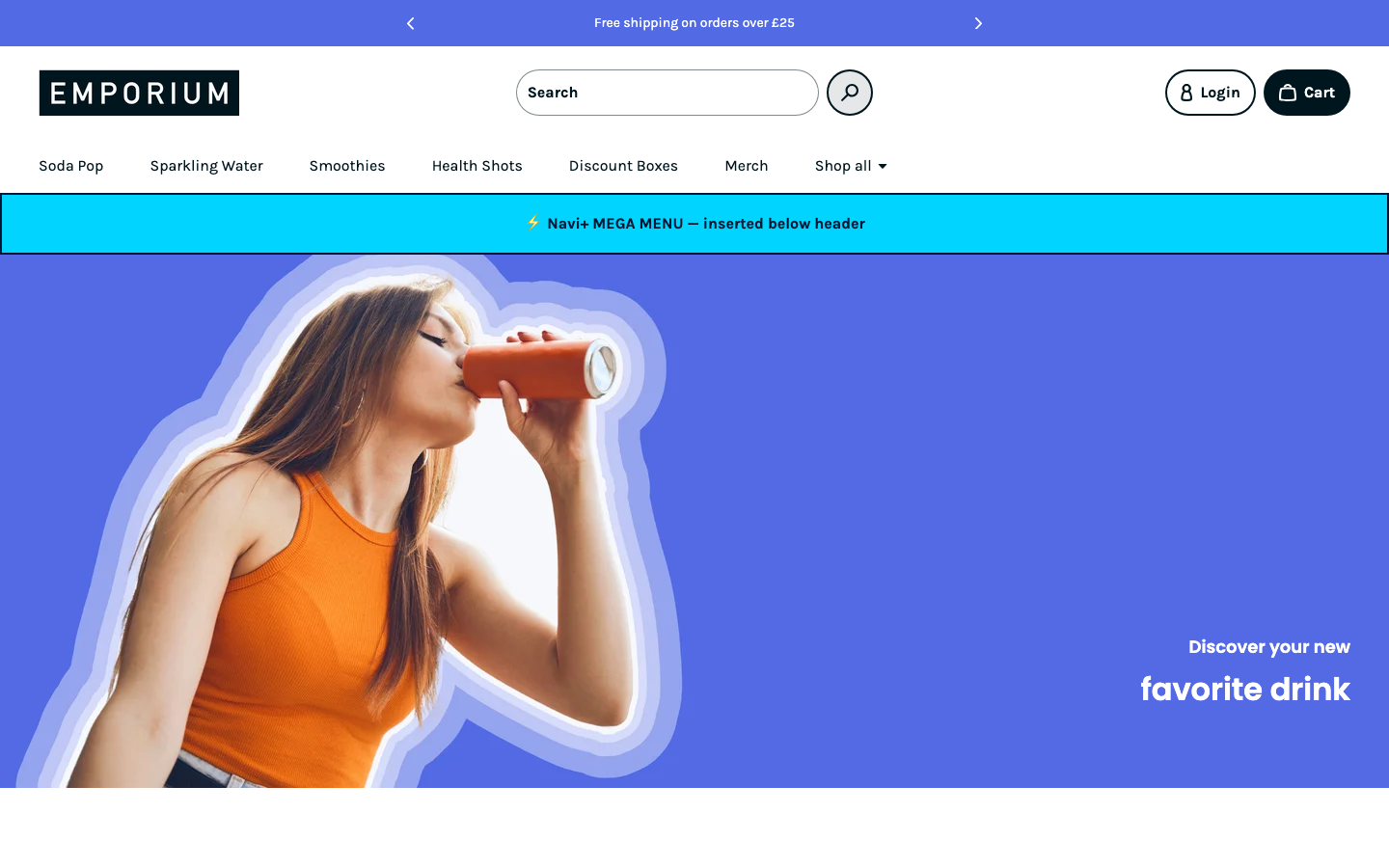 Menu inserted below header — Navi+ on the Emporium Shopify theme