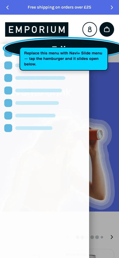 Navi+ Slide Menu on the Emporium Shopify theme