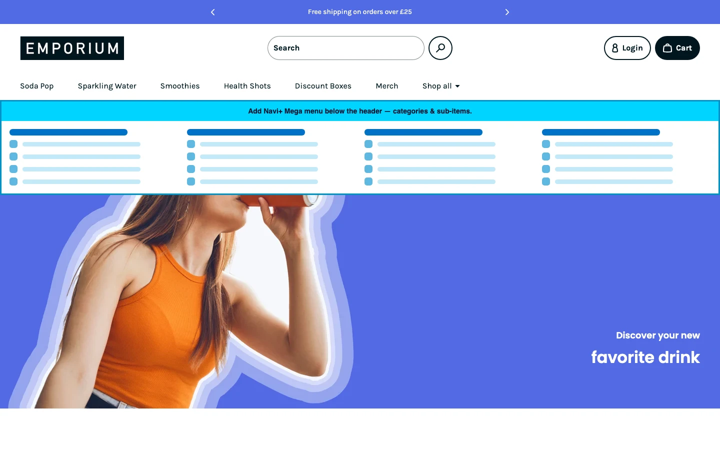 Navi+ Mega Menu inserted below the header on the Emporium Shopify theme