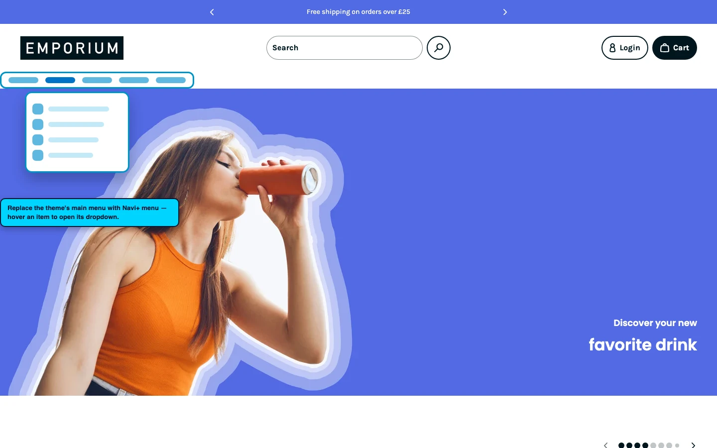 Navi+ Mega Menu replacing the desktop menu on the Emporium Shopify theme