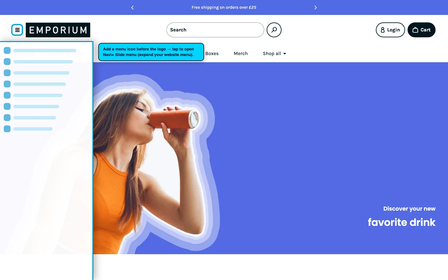 Navi+ trigger icon before the logo on the Emporium Shopify theme