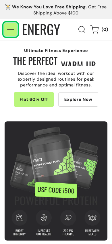 Hamburger → panel opened — Navi+ on the Energy Shopify theme Hamburger → panel opened — Navi+ on the Energy Shopify theme