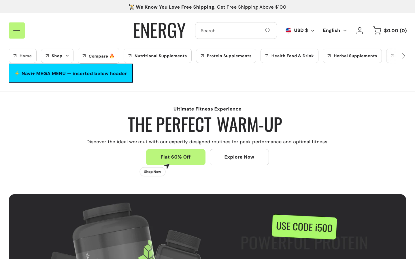 Menu inserted below header — Navi+ on the Energy Shopify theme Menu inserted below header — Navi+ on the Energy Shopify theme