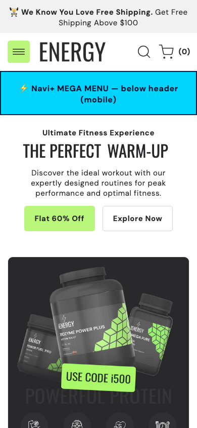 Menu inserted below header — Navi+ on the Energy Shopify theme Menu inserted below header — Navi+ on the Energy Shopify theme