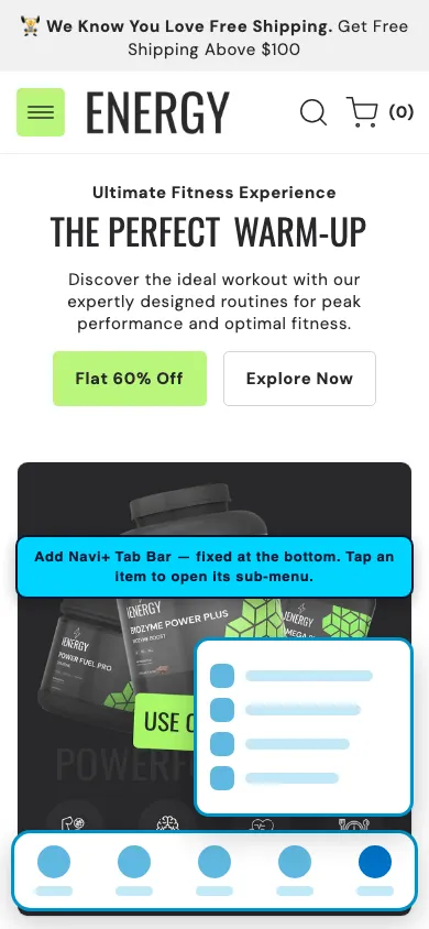 Navi+ Tab Bar on the Energy Shopify theme Navi+ Tab Bar on the Energy Shopify theme