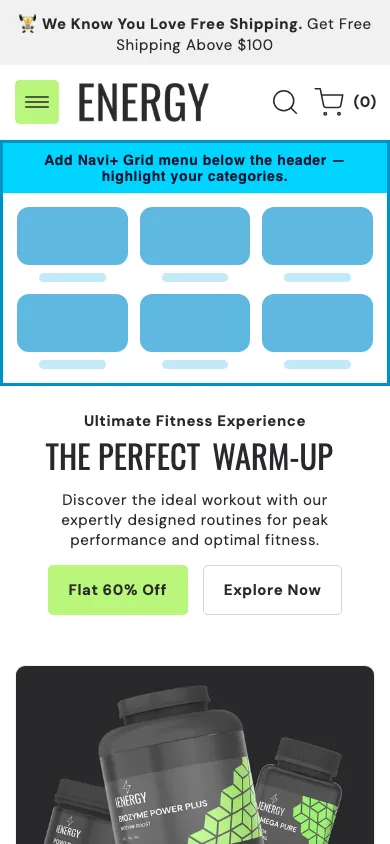 Navi+ Grid Menu on the Energy Shopify theme Navi+ Grid Menu on the Energy Shopify theme
