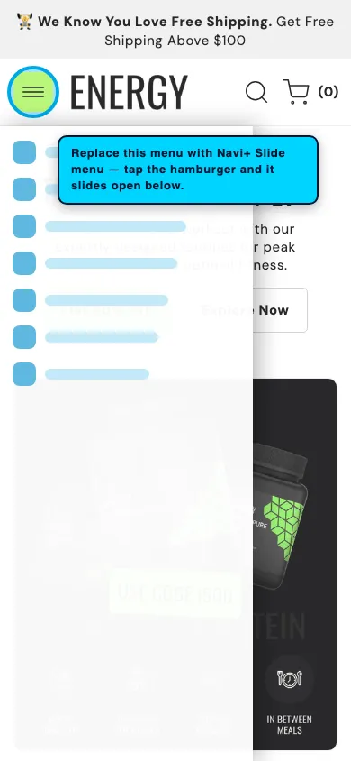 Navi+ Slide Menu on the Energy Shopify theme Navi+ Slide Menu on the Energy Shopify theme