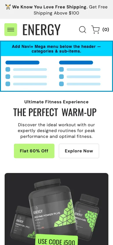 Navi+ mobile Mega Menu on the Energy Shopify theme Navi+ mobile Mega Menu on the Energy Shopify theme