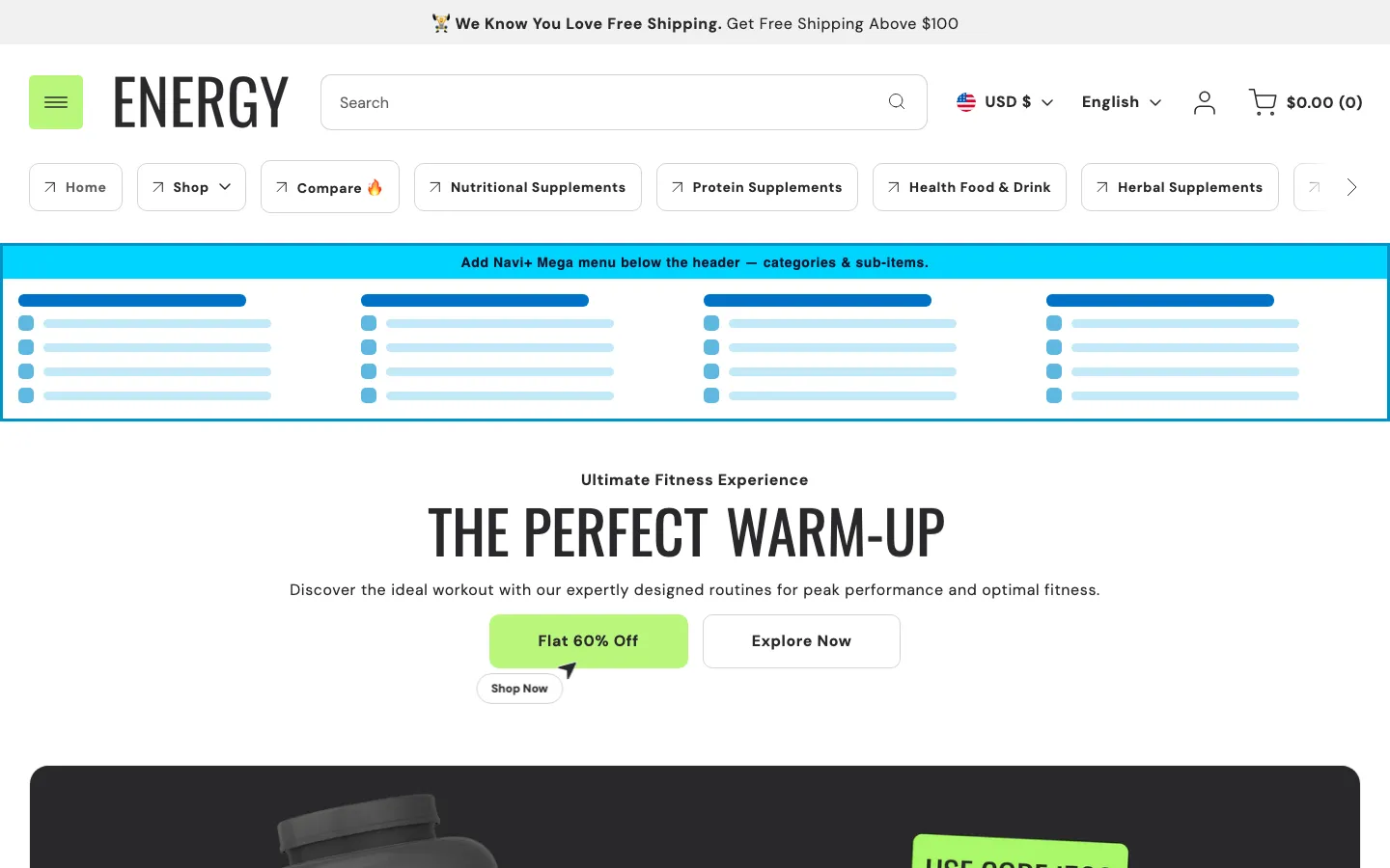 Navi+ Mega Menu inserted below the header on the Energy Shopify theme Navi+ Mega Menu inserted below the header on the Energy Shopify theme