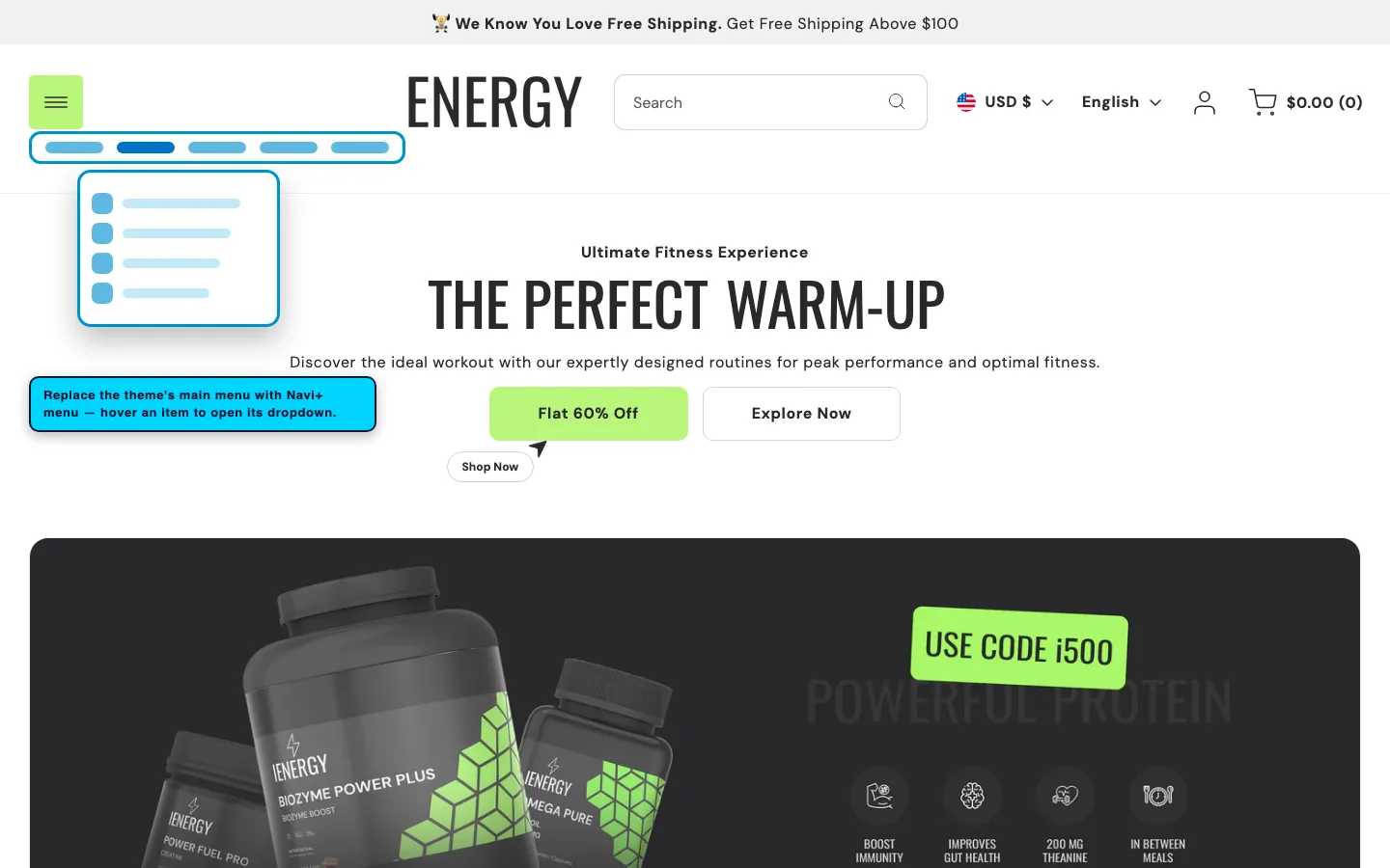 Navi+ Mega Menu replacing the desktop menu on the Energy Shopify theme Navi+ Mega Menu replacing the desktop menu on the Energy Shopify theme