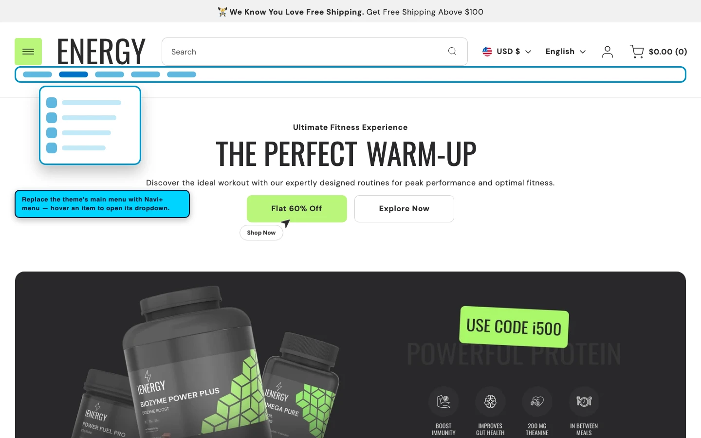 Navi+ Mega Menu replacing the desktop menu on the Energy Shopify theme Navi+ Mega Menu replacing the desktop menu on the Energy Shopify theme