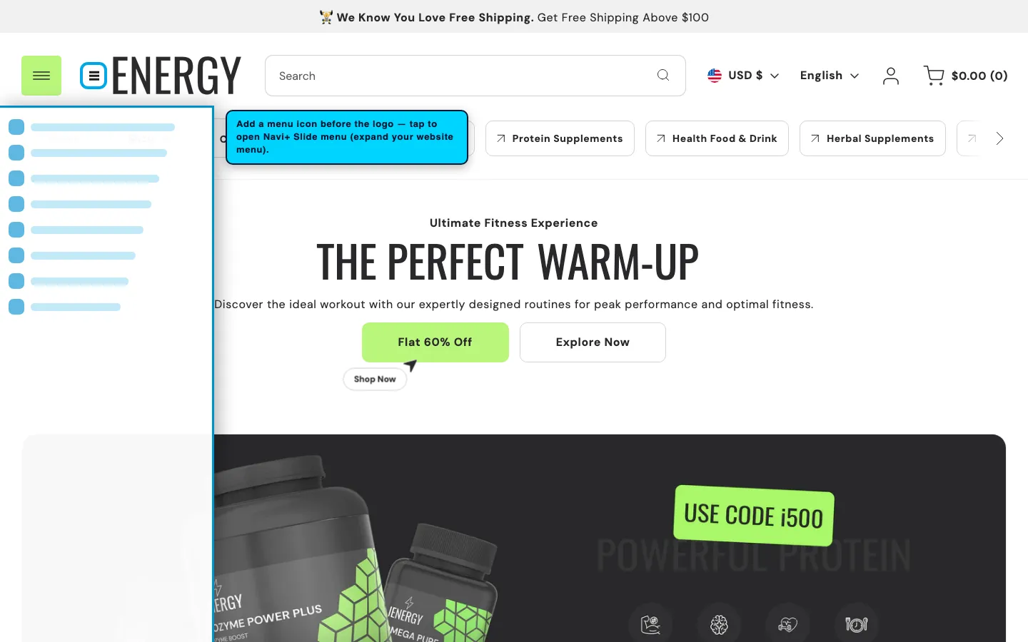 Navi+ trigger icon before the logo on the Energy Shopify theme Navi+ trigger icon before the logo on the Energy Shopify theme