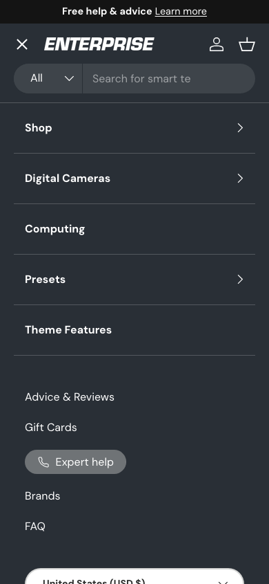 Hamburger → panel opened — Navi+ on the Enterprise Shopify theme Hamburger → panel opened — Navi+ on the Enterprise Shopify theme