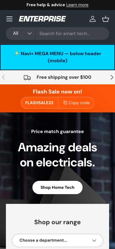 Menu inserted below header — Navi+ on the Enterprise Shopify theme Menu inserted below header — Navi+ on the Enterprise Shopify theme