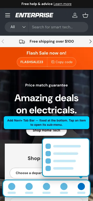 Navi+ Tab Bar on the Enterprise Shopify theme Navi+ Tab Bar on the Enterprise Shopify theme