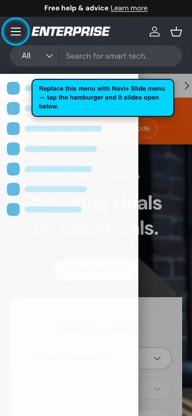 Navi+ Slide Menu on the Enterprise Shopify theme Navi+ Slide Menu on the Enterprise Shopify theme