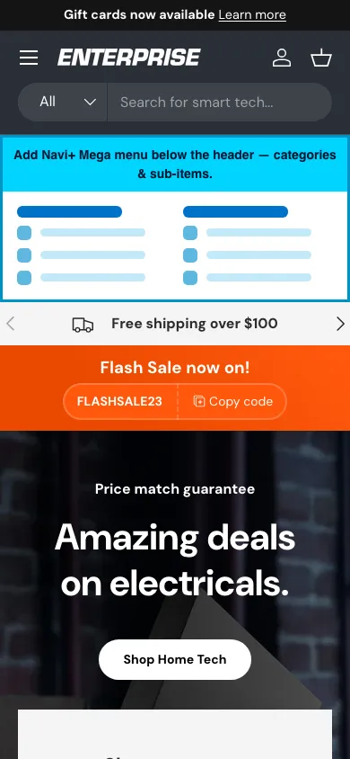 Navi+ mobile Mega Menu on the Enterprise Shopify theme Navi+ mobile Mega Menu on the Enterprise Shopify theme