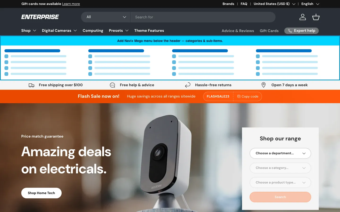 Navi+ Mega Menu inserted below the header on the Enterprise Shopify theme Navi+ Mega Menu inserted below the header on the Enterprise Shopify theme