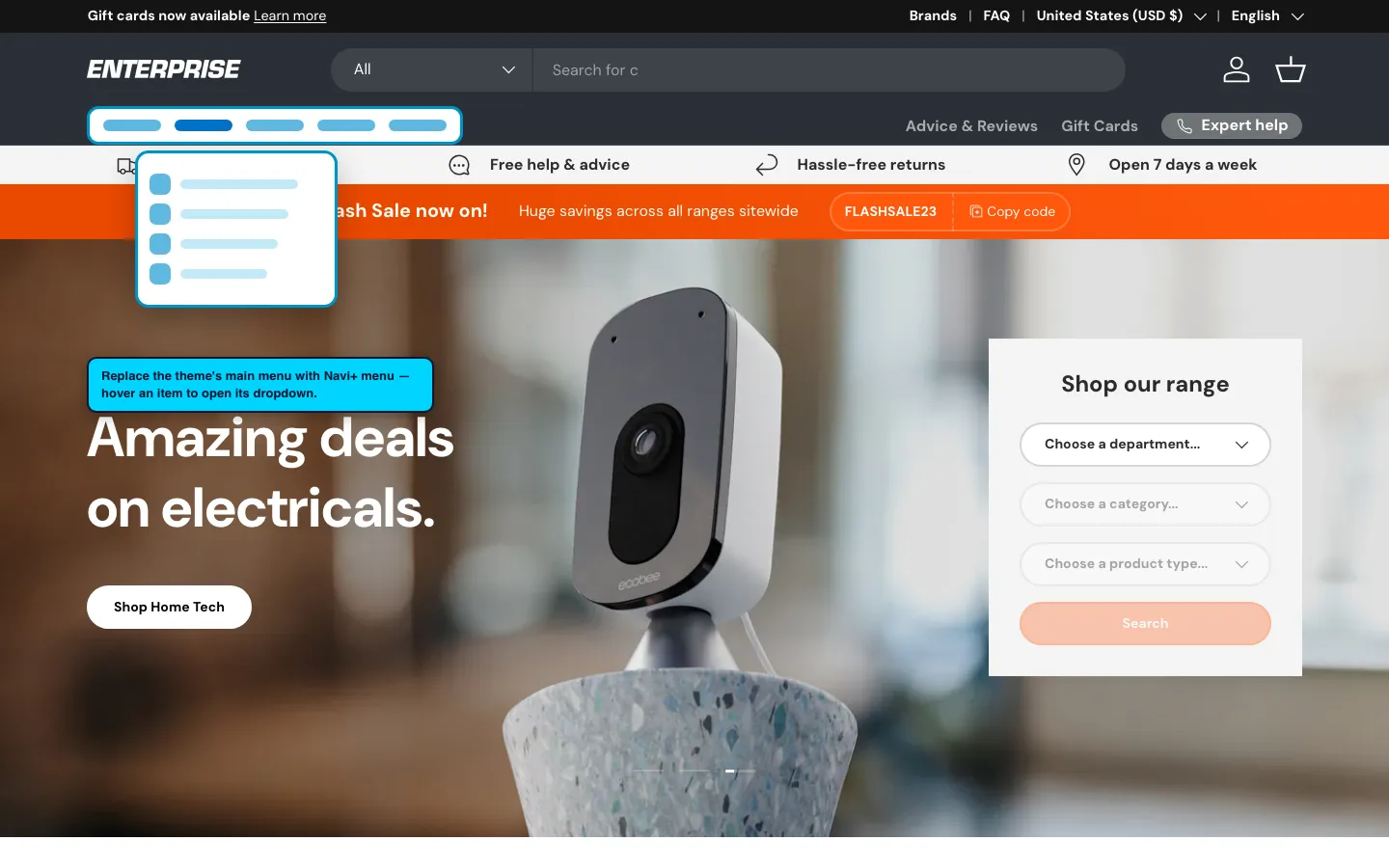 Navi+ Mega Menu replacing the desktop menu on the Enterprise Shopify theme Navi+ Mega Menu replacing the desktop menu on the Enterprise Shopify theme